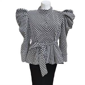 NEW CQBYCQ women's puff shoulder belted jacket in white/black